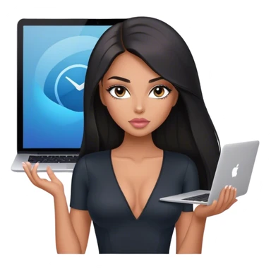 Glamours, tanned, very beautiful girl, with big pump peach-beige-rose lips, long lashes, black straight smooth silky long hair, straight parting hair, blue-grey eyes, in black v-neck bodysuit holding MacBook sticker