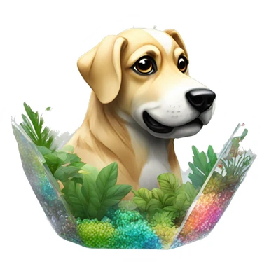 A dog made of glass mirror crystals prisms glass transparent filled with plants as a terrarium with graffiti doodles sticker