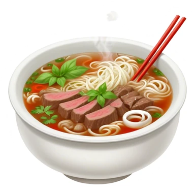 Cinematic Realistic Pho Dish Emoji, depicted as a steaming bowl of aromatic beef noodle soup with herbs rendered with lifelike textures and vibrant, warm lighting. sticker