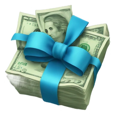 a bundle of money tied with a blue bow sticker