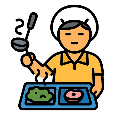 lunch lady serving unappetizing, gross cafeteria food icon with color and black outlines sticker