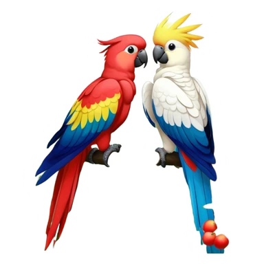 Close-up of colorful parrots Ara and Cockatoo Inca perched on tree branches, surrounded by lush greenery. Bright, vivid feathers contrast with the natural background of trees, leaves, fruits. Soft natural light, enhancing vibrant colors. Transparent background. sticker