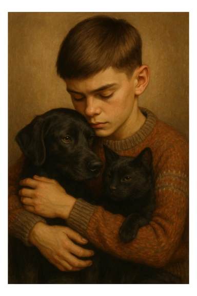 A kid with a chiseled jawline, brown eyes, and flat brown hair facing down, wearing a vintage sweater, hugging a black dog and a black cat. sticker