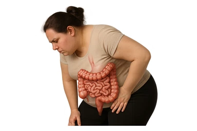 DONNA LEGGERMENTE SOVRAPPESO PIEGATA IN AVANTI CON INTESTINO ANATOMICO IN EVIDENZA, MAL DI PANCIA iperrealistico 4k sticker