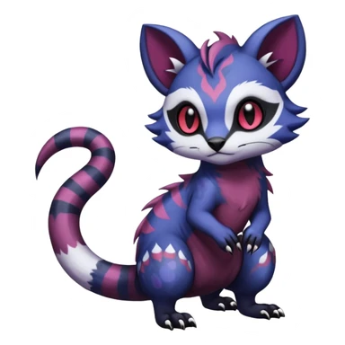Rare warm-colored exotic gloomy tropical edgy cute epic aesthetic spooky indigo purple white black red gothic colorful Salandit-Furret-Espurr-Meowstic-Civet-species-Fakemon-hybrid-creature, with tribal tattoo markings, full body sticker