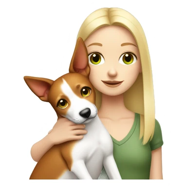 a white green eyed blonde girl hugging a red and white basenji dog sticker