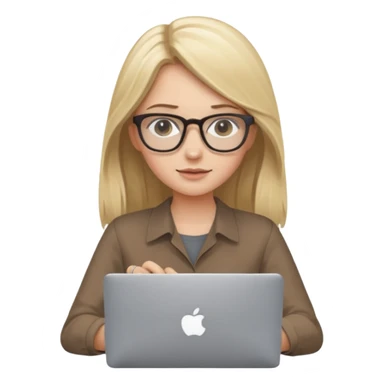 Girl in glasses, blonde long hair, sitting with MacBook , brown blouse, typing on gray MacBook sticker