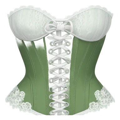 Sage green corset with white lace and bows, isolated sticker