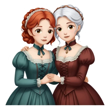 Two modest Victorian women hugging, one with white hair and one with copper red hair, wearing long Victorian dresses sticker