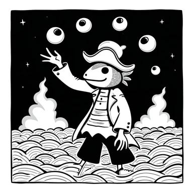 bizarre pirate with a fish head and crab claws, juggling floating eyeballs on a stormy sea, psychedelic hand-drawn style, no text sticker