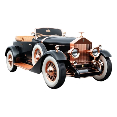 Dark black Bare bones streamlined sporty (stripped down) hot rodded engine rose gold and woody sporty 1932 Rolls Royce with futuristic electric spaceship plasma neon glowing motors and lightening dynamos with wide racing wheels that are held strong by advanced suspension and steering sticker