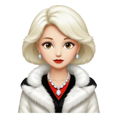 * Character: A stylish lady
* ﻿﻿Clothing: A luxurious white fur coat
* ﻿﻿Accessories: A dazzling diamond necklace
* ﻿﻿Expression: Confident, elegant, maybe slightly glamorous
* ﻿﻿Pose: Head slightly tilted or a poised posture
* ﻿﻿Style: Emoji-like, simple but expressive sticker