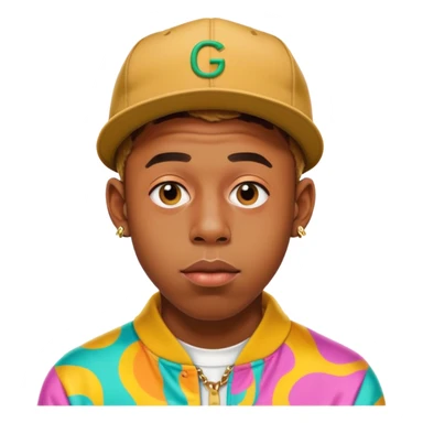 Tyler the Creator with his iconic look, wearing a colorful outfit sticker