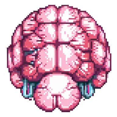 Make this pink melting brain icon more 3D with enhanced depth, shading, and highlights. Keep it fully front facing with pixel art accents. Background transparent. sticker