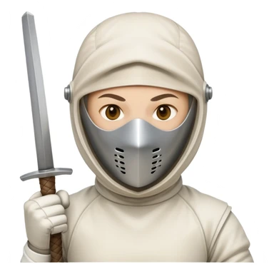 fencer in defensive stance, mask visible sticker