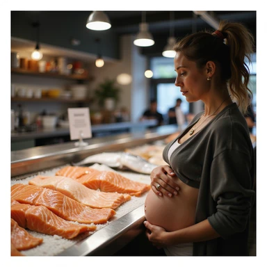realistic pregnant woman in 4K observing the fish counter with the sign in the foreground that says: 'Attention, consuming raw salmon may pose risks during pregnancy' sticker