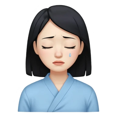 A crying East Asian woman with black hair, wearing light blue clothing. Her skin appears dry, closing her eyes and crying sticker