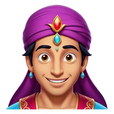 Cinematic Realistic Aladdin Portrait, head tilted dramatically with an exaggeratedly amused expression, featuring vibrant eyes and a slight, roguish grin. His detailed attire and subtle magical accents are brought to life with dynamic lighting and vivid textures, capturing a rare, playful burst of humor from a daring street-wise adventurer. sticker
