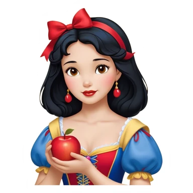 Cinematic Realistic Snow White Portrait, depicted with lifelike skin texture, soft natural lighting, and intricately detailed black hair styled with a red ribbon. Her soft brown eyes radiate innocence and kindness, complemented by a warm, gentle smile. She holds an apple in one hand, her other hand resting against her cheek, embodying her purity and charm. She is dressed in her classic yellow, blue, and red gown, the fabric rich in texture with delicate folds that catch the light beautifully. The portrait features a soft, natural glow with a radiant finish, capturing the essence of timeless beauty in a realistic and painterly style. sticker