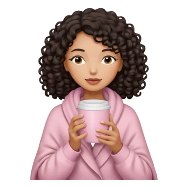 woman with medium tan sand tone, black mid length 3b curls, closed eyes, feminine face, holding soft pink coffee cup with beige blanket over shoulders sticker