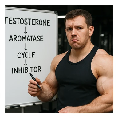realistic inexperienced bodybuilder in front of whiteboard with testosterone and aromatase inhibitor cycle scheme, holding pen, puzzled look, growing muscles, gym background, 4K quality sticker