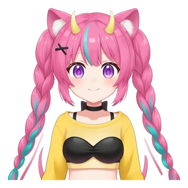 En anime-ku-jente med to rosa lange tykke fletter og cyan striper i håret, horn, og ku-ører, sort BH-topp over en gul cropped-fleece-blouse, lilla øyne, søt sløyfe på halsen  sticker