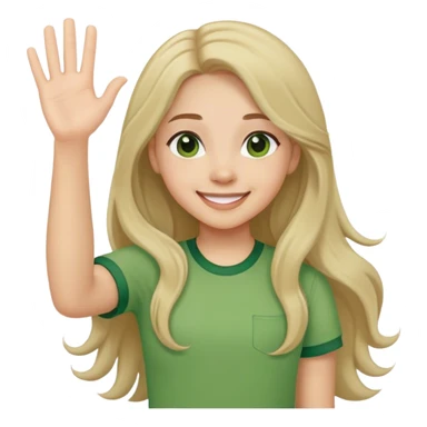 smiling girl with long hair, middle hair part, waving, green shirt sticker