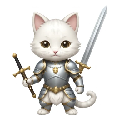 baby chibi white cat in silver armor, full body, smile, hold sword sticker