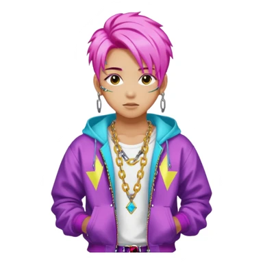 portrait of young idol in Kpop style, wearing flashy streetwear outfit, colorful dyed hair, confident pose, accessorized with chains  sticker