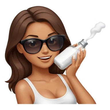 sassy woman with long brown hair, tan skin, and dark sunglasses holding a salt shaker filled with white table salt. She is shaking and sprinkling the salt. She is smirking.  sticker