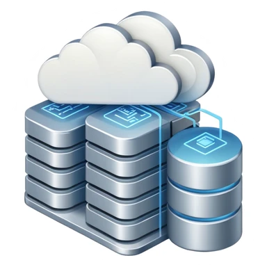 An icon featuring a database server, stacked data disks, and a cloud symbol, representing databases. The design includes binary code, a data structure diagram, and network connections, symbolizing data storage, management, and organization. Transparent background sticker