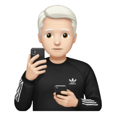 Hombre blanco con cabello blanco ropa negra Adidas y un teléfono en la mano derecha viéndolo sticker