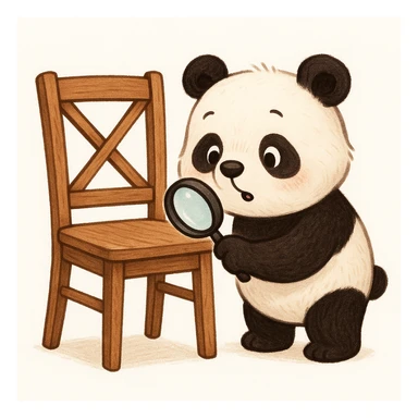 cute and whimsical panda inspecting a dining chair for durability, magnifying glass in hand, clean background sticker