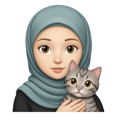 White girl wearing hijab holding a black grey tabby cat sticker
