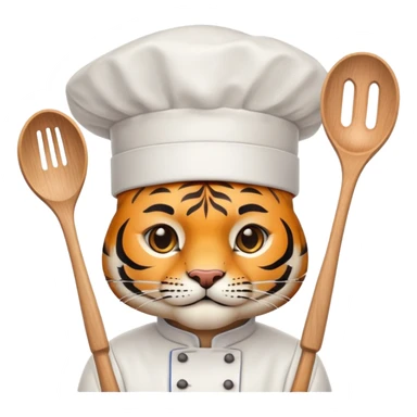chef tiger face with chef hat and cooking utensils for Twitch emote sticker