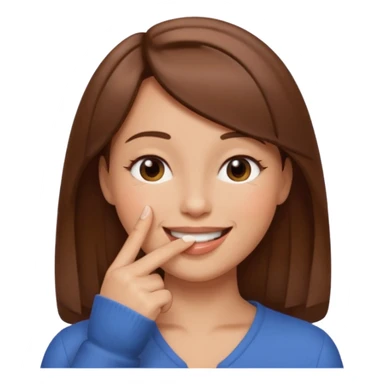 una mujer con un dedo en boca sonriendo y lps ojos en forma medio cerrados creando una curva de sonrisa pelo castaño sticker