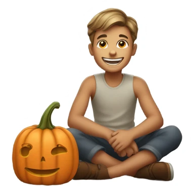 boy sitting with pumpkin smile sticker
