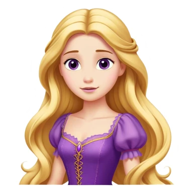 Cinematic Majestic Rapunzel Portrait Emoji, rendered in a clean, vector-style with bold, simplified shapes. Show Rapunzel with a serene, graceful expression, luminous fair skin, and elegantly styled long golden hair, accented by her classic purple gown. The design radiates a majestic, dreamlike glow with high shine and a soft glowing outline, embodying regal beauty. sticker