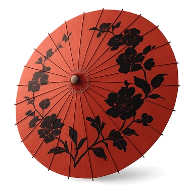 red Chinese parasol with black flowers, elegant and detailed, clean background, focus on the parasol shape and floral pattern sticker