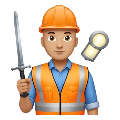 Bald Telecoms engineer in orange hi vis with white hard hat (with lamp) and sword sticker