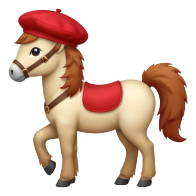 A cute pony (horse) emoji, full body, standing in side view, wearing a stylish red beret. sticker