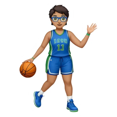 Full Body plus size white female basketball player with short dark hair with highlights spike hair wearing blue glasses  wearing blue green uniform smiling sticker
