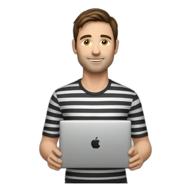 man with brown hair, striped shirt with black and white while holding laptop in front sticker