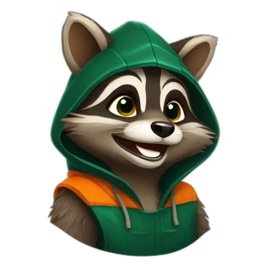brown raccoon with orange eyes and a dark green hood that is laughing sticker