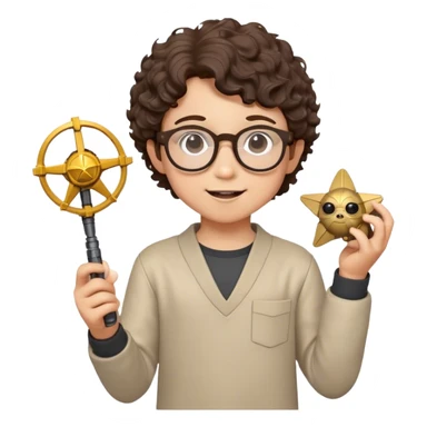 A young boy with short curly brown hair, round glasses, and a light complexion, joyfully holding a Star Wars action figure in his hand. sticker