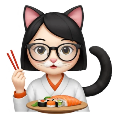 cute girl cat with straight hair and really big square glasses with super thin frames eating sushi sticker