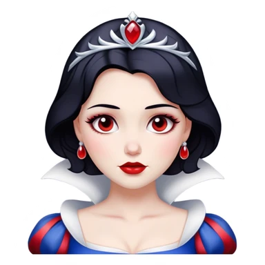 Cinematic Majestic Snow White Portrait Emoji, rendered in a clean, vector-style with bold, simplified shapes. Show Snow White with a serene, noble expression, radiant porcelain skin, and elegantly styled raven hair accented with subtle red highlights, her attire simple yet refined. The design radiates a majestic, pure glow with high shine and a soft glowing outline, embodying classic royal beauty. sticker