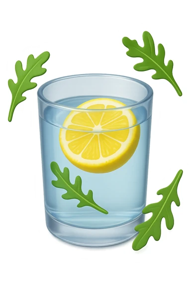 emoji stile iphone 3d di un bicchiere di acqua con limone e qualche foglia di rucola che fluttua intorno in aria, iperrealistico 4k sticker