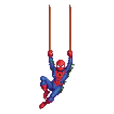 Spiderman swinging through the city, pixel art style sticker