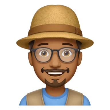 Brown man smiling no teeth showing with hat, clear glasses and goatee sticker